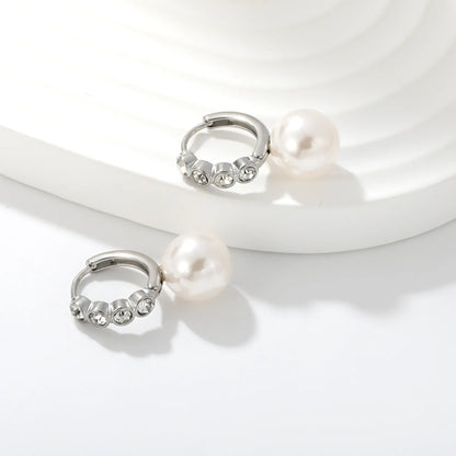 CZ Inlaid Pearl Drop Huggie Hoop Earrings | Gold & Steel Color Option | Wholesale MOQ 12