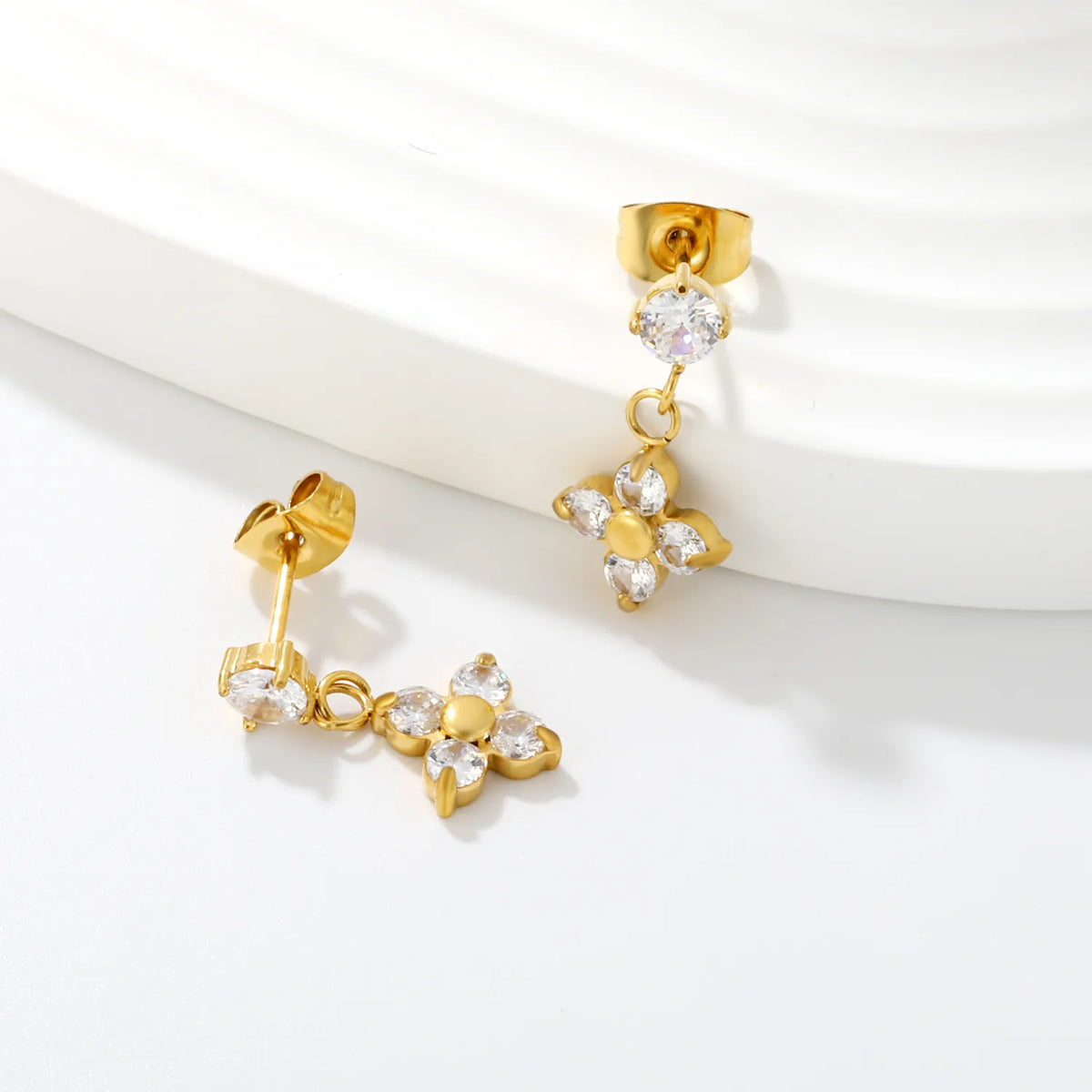 Dainty Round CZ Four Leaf Clover Drop Stud Earrings | 18K Gold Plated Stainless Steel | Wholesale MOQ 12