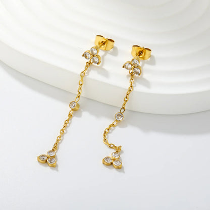4 Styles Dainty CZ Long Chain Drop Stud Earrings | 18K Gold Plated Stainless Steel | Tassel Earrings Wholesale MOQ 12