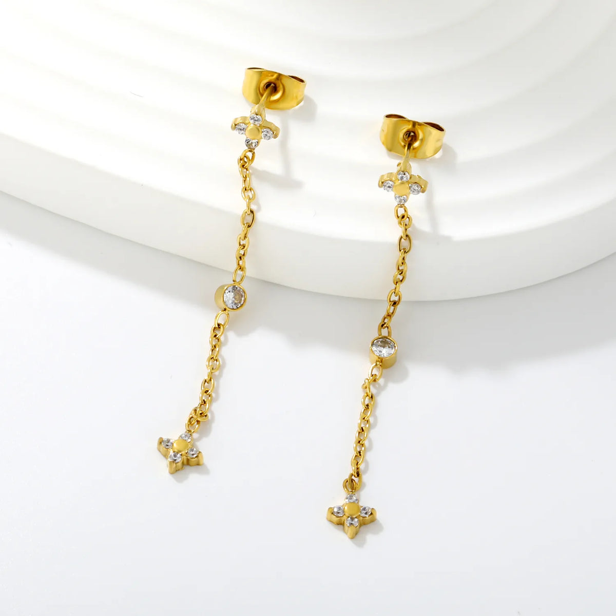 4 Styles Dainty CZ Long Chain Drop Stud Earrings | 18K Gold Plated Stainless Steel | Tassel Earrings Wholesale MOQ 12