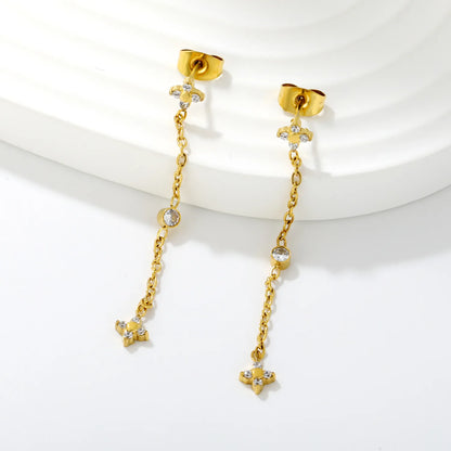 4 Styles Dainty CZ Long Chain Drop Stud Earrings | 18K Gold Plated Stainless Steel | Tassel Earrings Wholesale MOQ 12