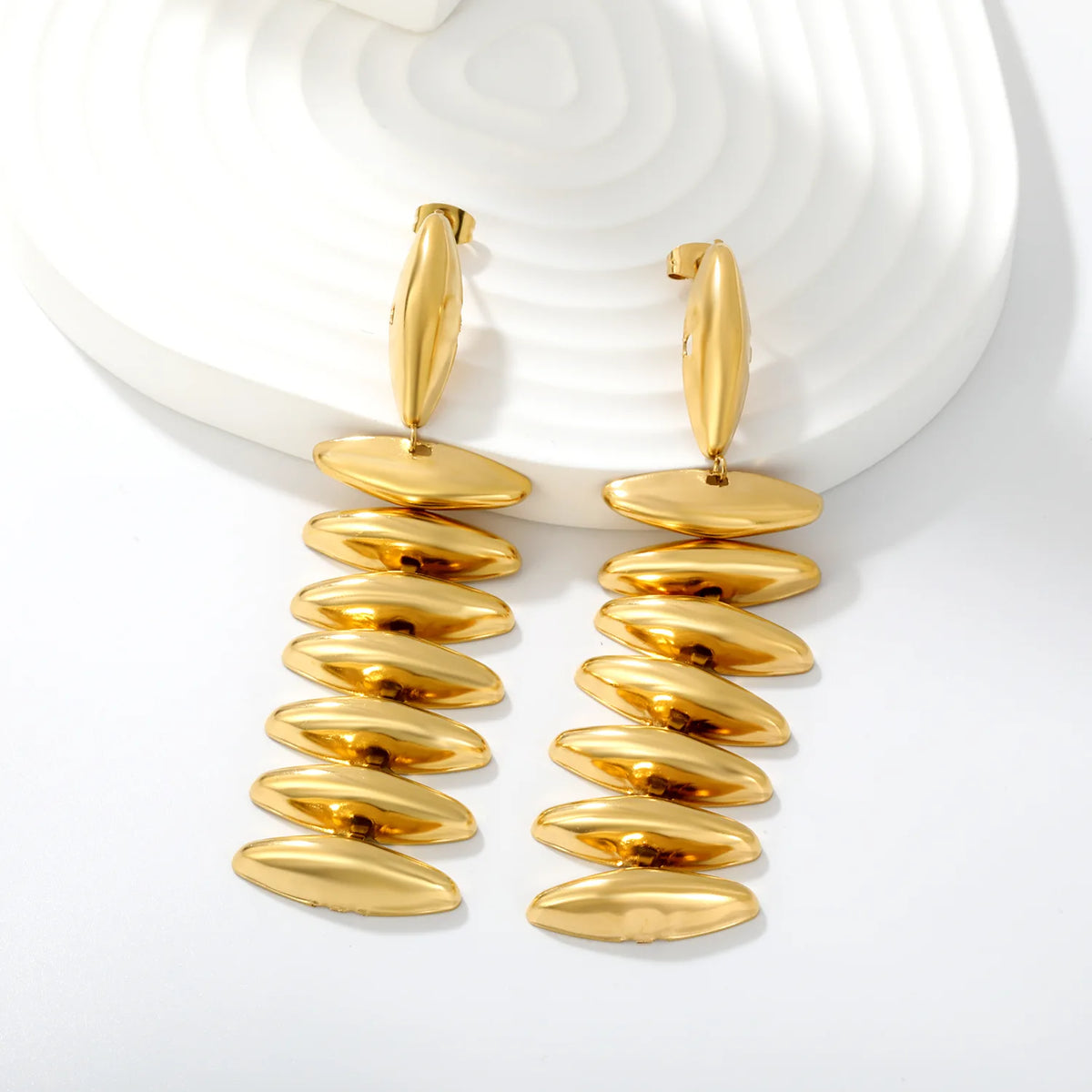 Long Stacked Oval Disc Drop Earrings | MOQ 12 | Statement Earrings Bulk Order MOQ 12