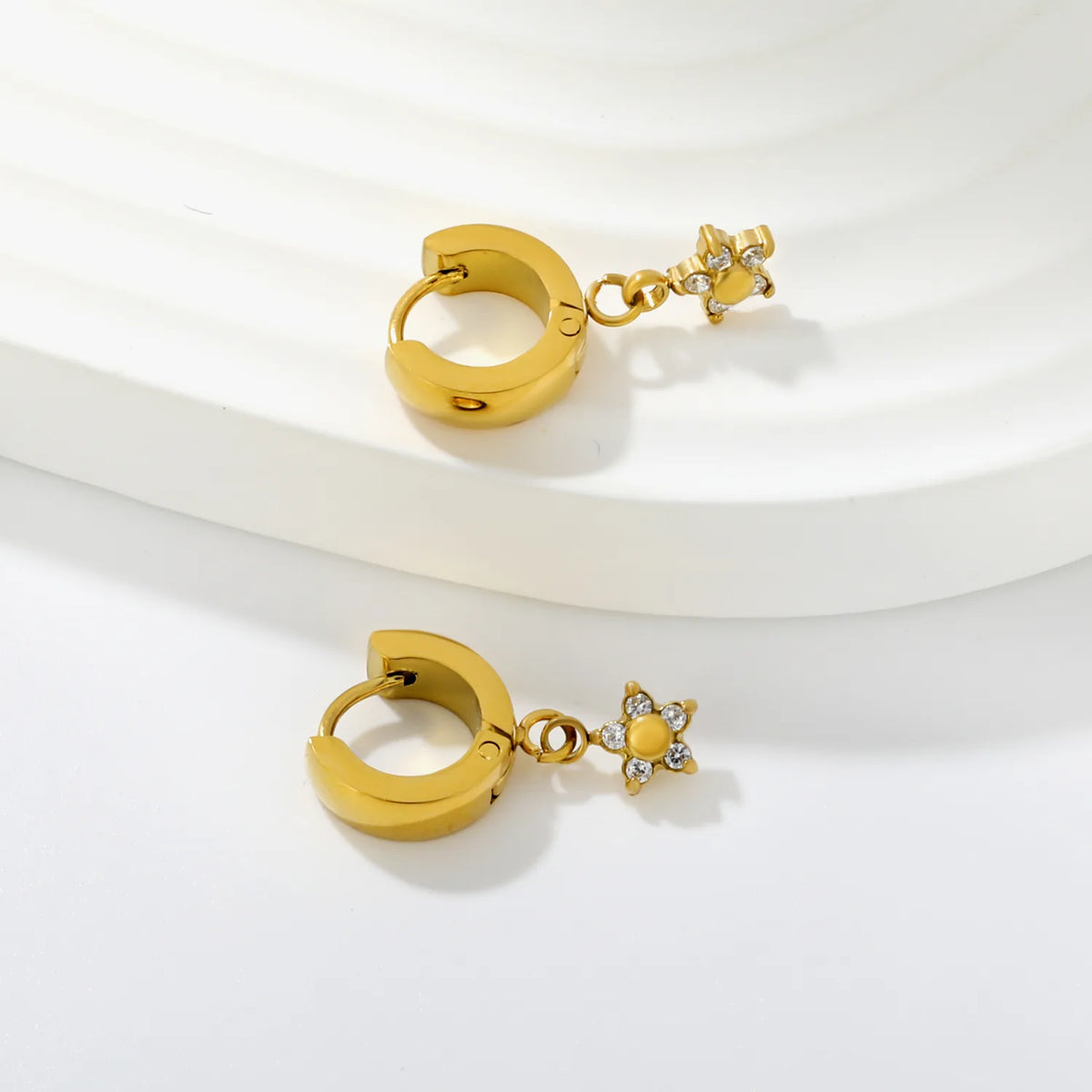 Dainty CZ Charm Huggie Hoop Earrings | 4 Styles | MOQ 12 | 18K Gold Plated Stainless Steel Jewelry Wholesale