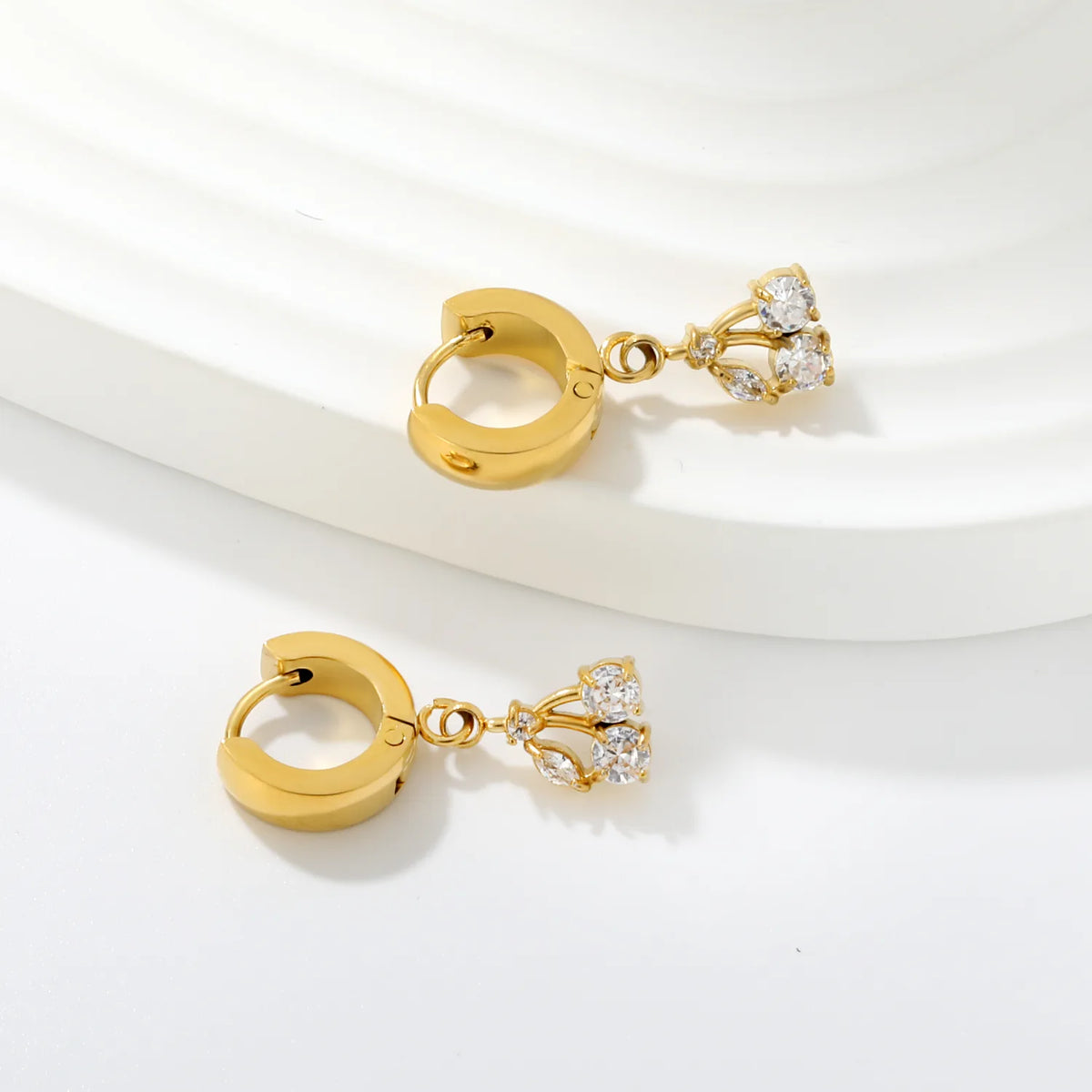 Dainty CZ Charm Huggie Hoop Earrings | 4 Styles | MOQ 12 | 18K Gold Plated Stainless Steel Jewelry Wholesale