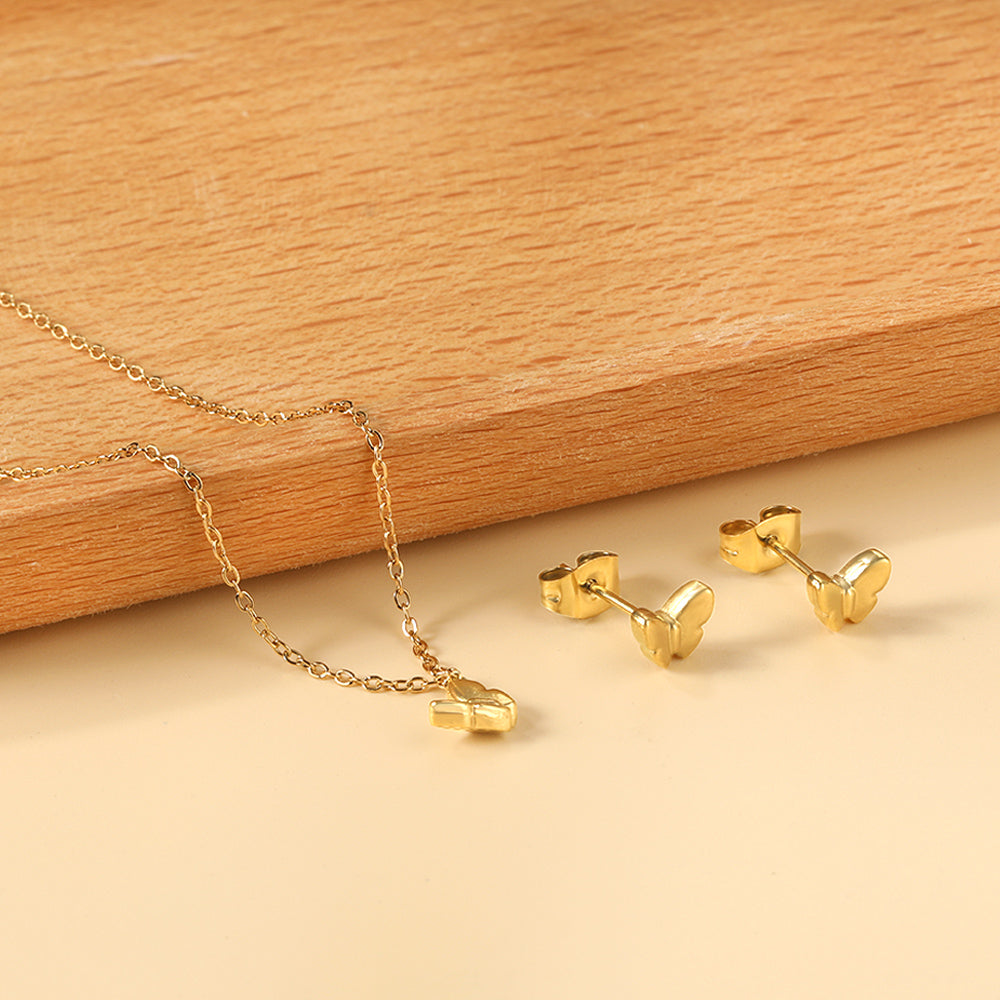 Gold/Steel Butterfly Pendant Jewelry Set in Polished Finish