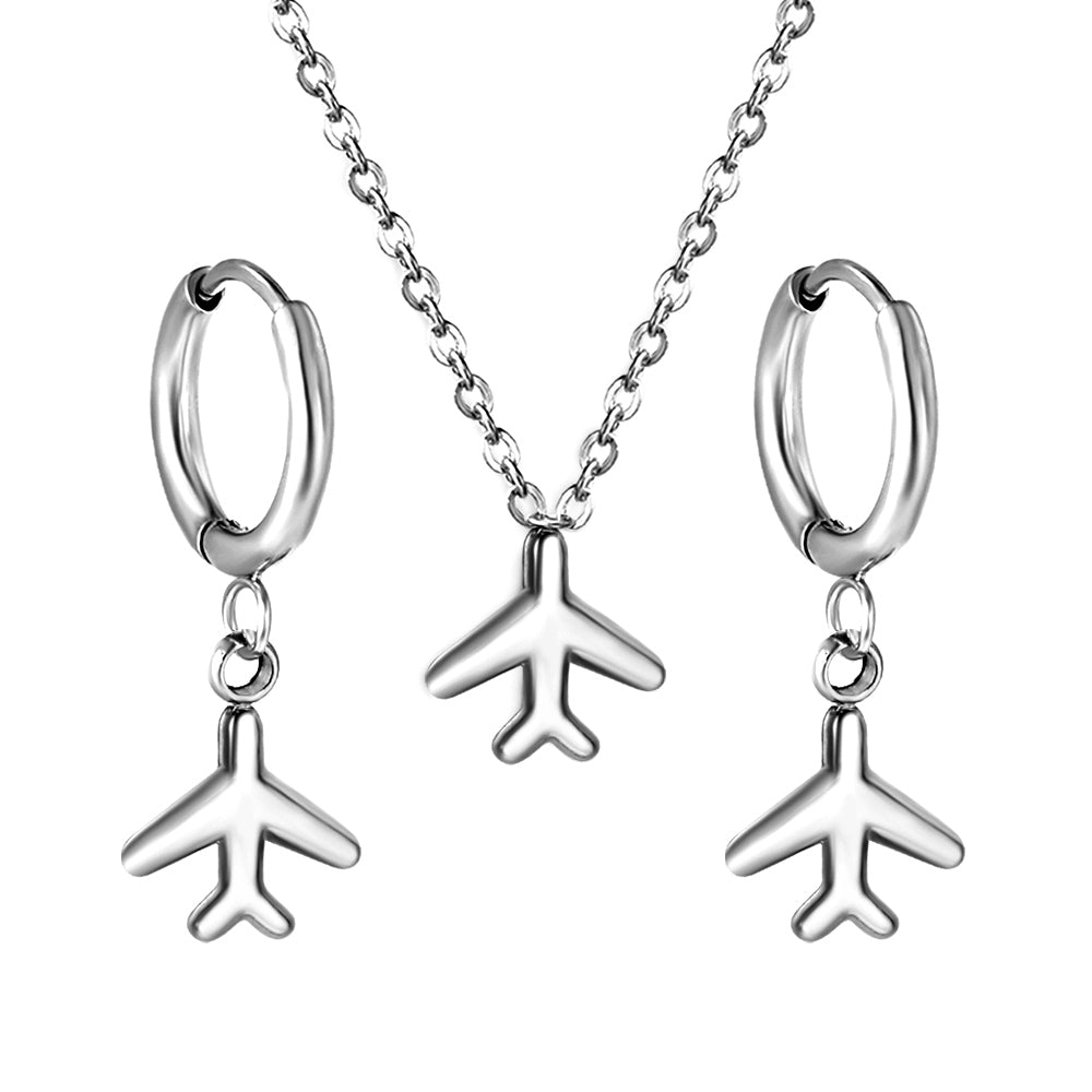 Airplane Pendant Jewelry Set Steel/Gold