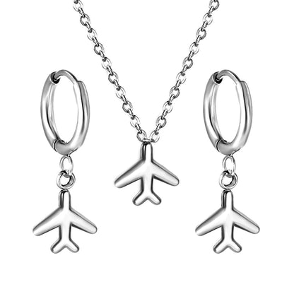 Airplane Pendant Jewelry Set Steel/Gold