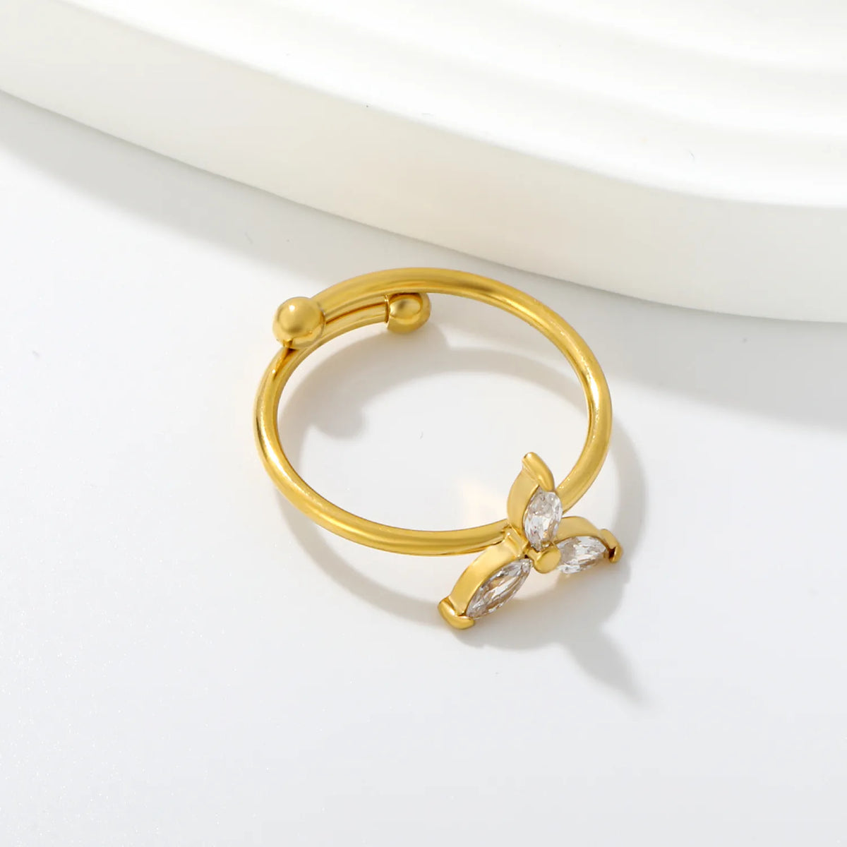 Marquise-Cut CZ Three Petal Open Cuff Ring | 18K Gold Plated Stainless Steel Dainty Ring