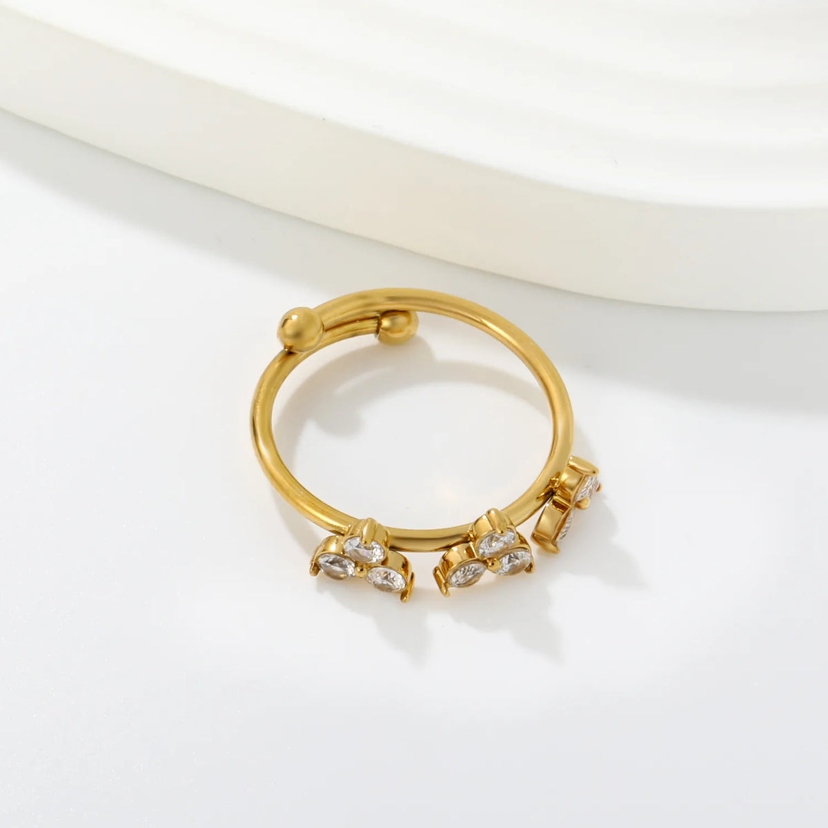 Dainty CZ Three Flower Open Cuff Ring | Wholesale MOQ 12 | 18K Gold Plated Stainless Steel Ring Wholesale