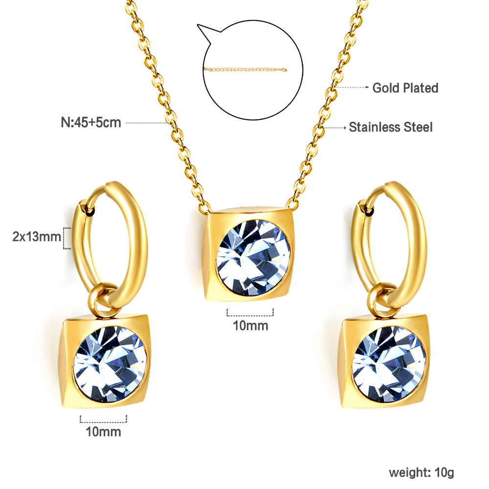 Square with White Pearls & White Diamonds & Red Diamonds & Blue Diamonds & Kong Blue Diamonds Jewelry Set Steel / Gold