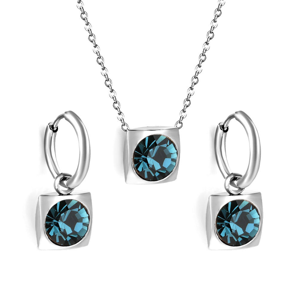 Square with White Pearls & White Diamonds & Red Diamonds & Blue Diamonds & Kong Blue Diamonds Jewelry Set Steel / Gold