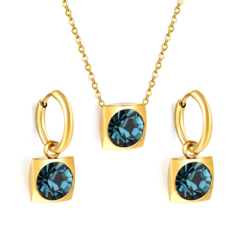 Square with White Pearls & White Diamonds & Red Diamonds & Blue Diamonds & Kong Blue Diamonds Jewelry Set Steel / Gold