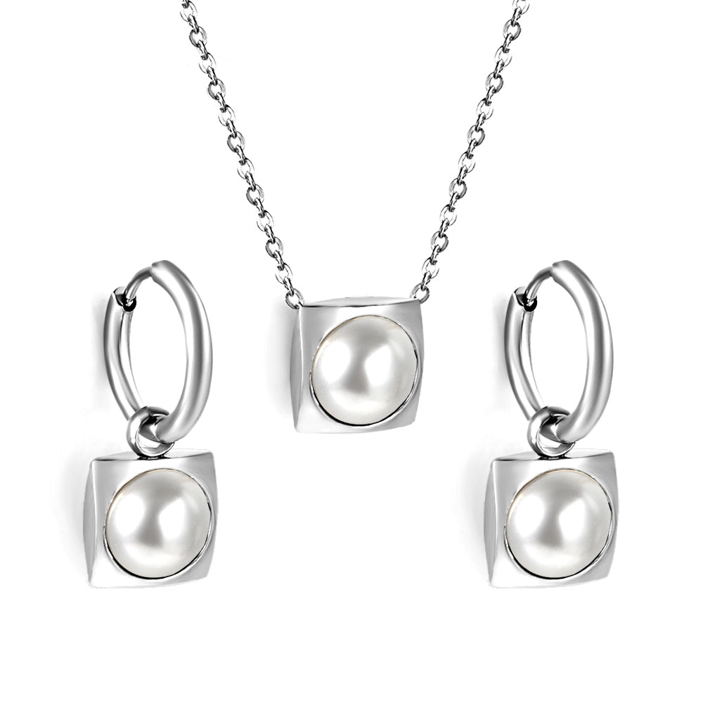 Square with White Pearls & White Diamonds & Red Diamonds & Blue Diamonds & Kong Blue Diamonds Jewelry Set Steel / Gold