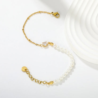 Wholesale Dainty Pearl & Single Zircon Bracelet | 18k gold plated Stackable Wrist Chain MOQ 12