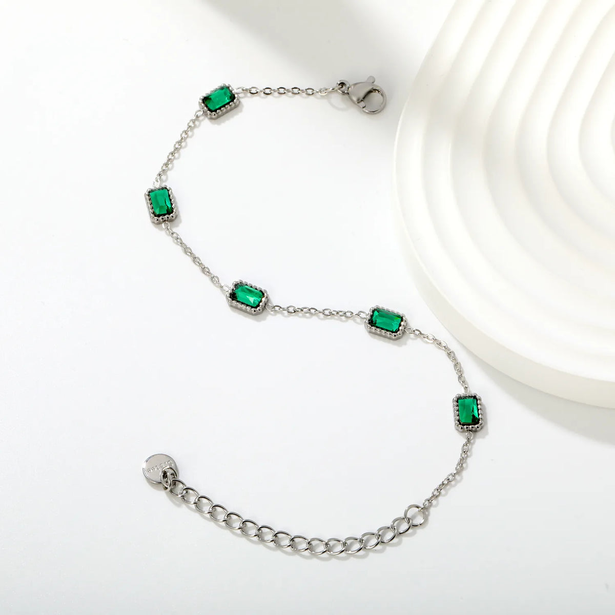 Rectangular Green Zircon Statement Bracelet | Steel Color | Wholesale MOQ 12