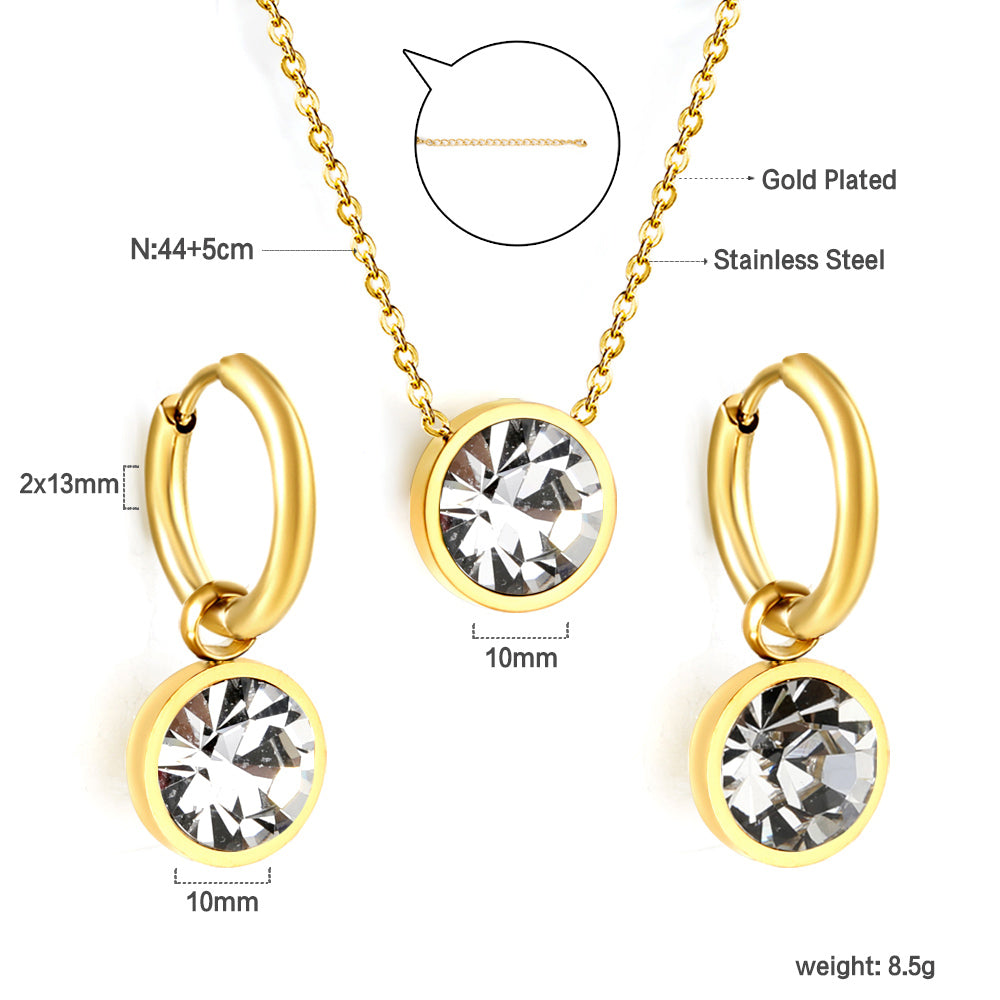Round with White Pearls & White Diamonds & Purple Diamonds & Blue Diamonds & Green Diamonds Jewelry Set Steel/Golden