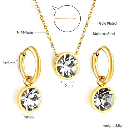 Round with White Pearls & White Diamonds & Purple Diamonds & Blue Diamonds & Green Diamonds Jewelry Set Steel/Golden