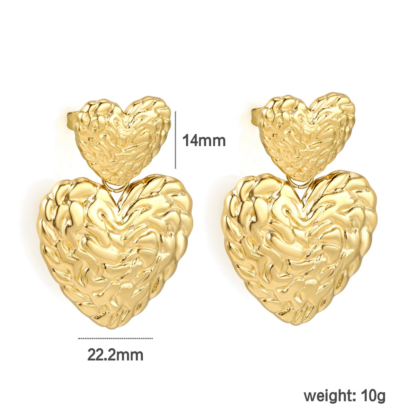 14mm Textured Small Heart + 22.2mm Textured Large Heart Stud Earrings