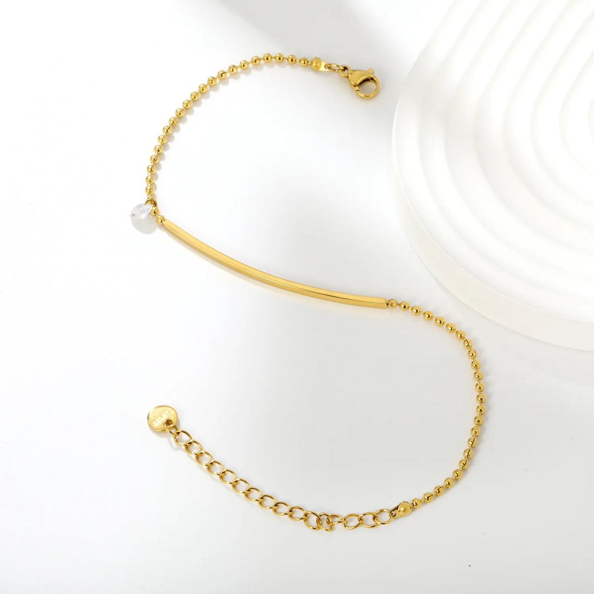 Minimalist Curved Bar Beaded Anklet | MOQ 12 | 18K Gold Plated Stainless Steel