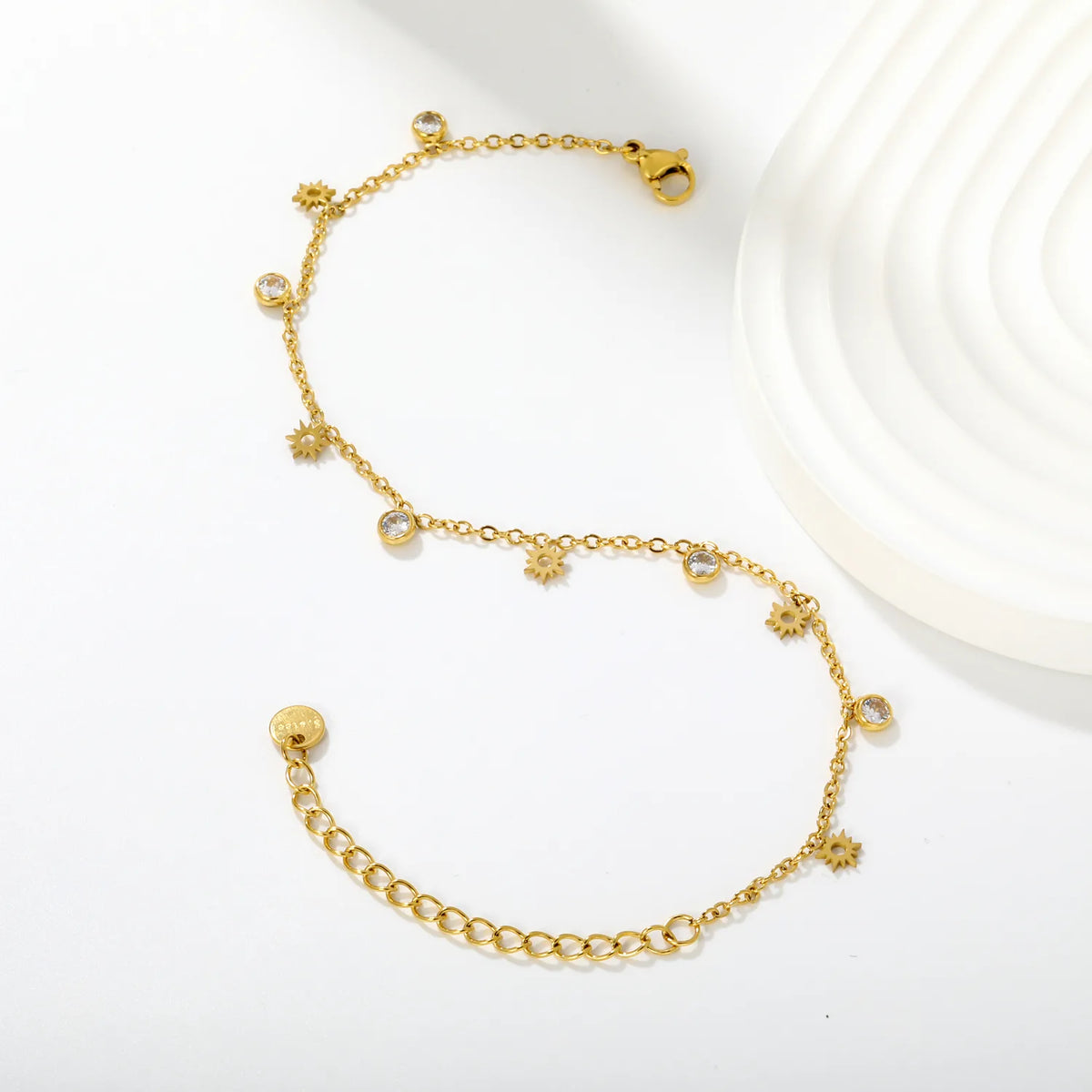 18K Gold Plated Stainless Steel Anklet with CZ Sun Charm | Wholesale MOQ 12