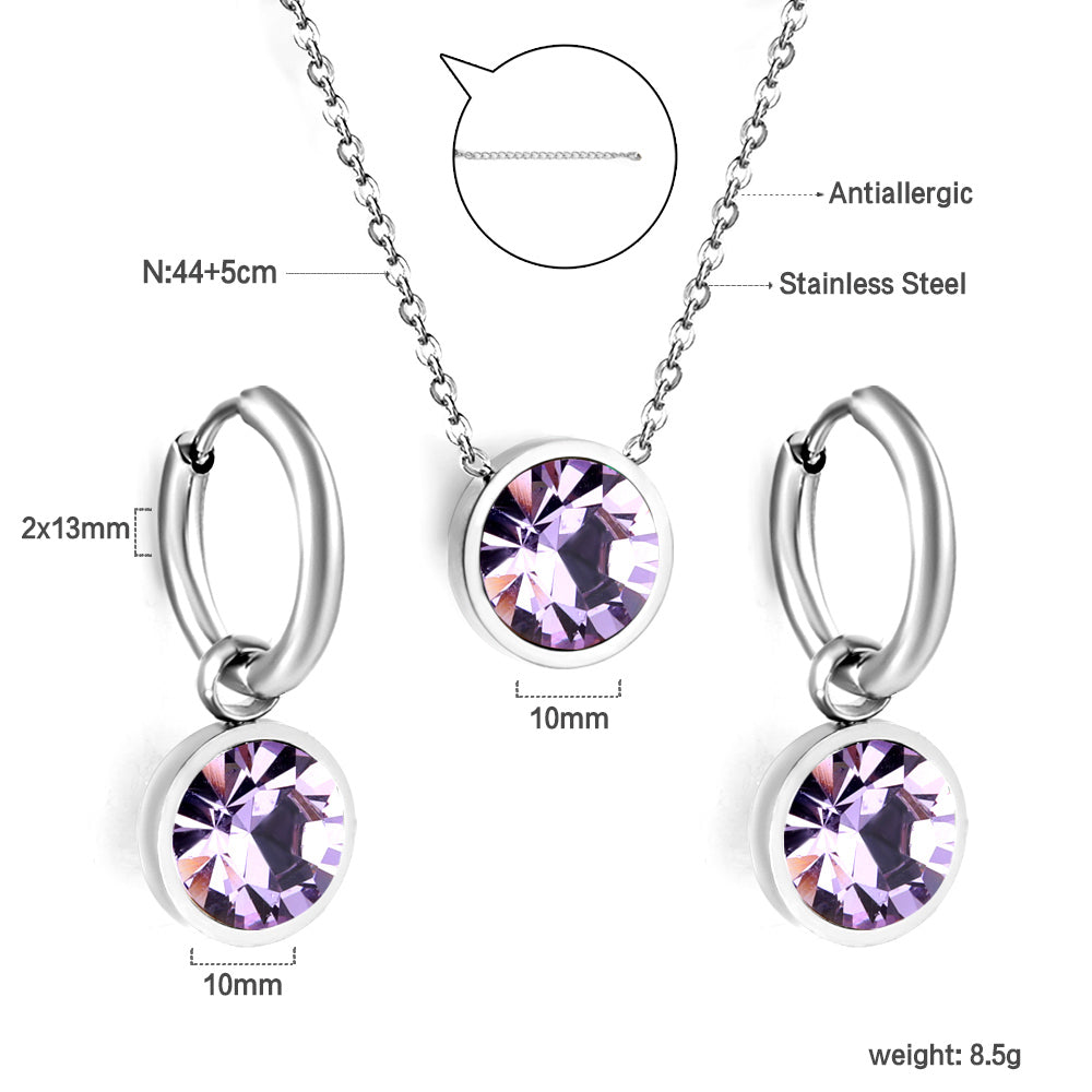 Round with White Pearls & White Diamonds & Purple Diamonds & Blue Diamonds & Green Diamonds Jewelry Set Steel/Golden