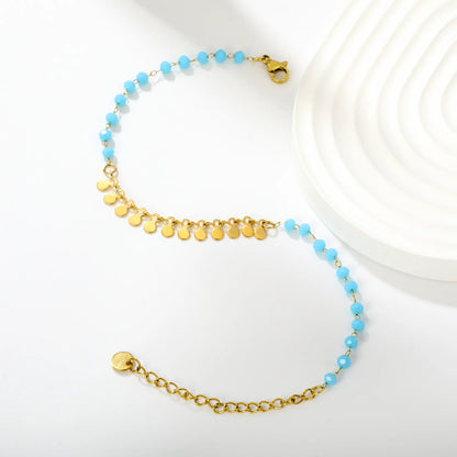 Blue Bead Disc Charm Anklet | Wholelsale MOQ 12 | 18K Gold Plated Stainless Steel Summer Ankle