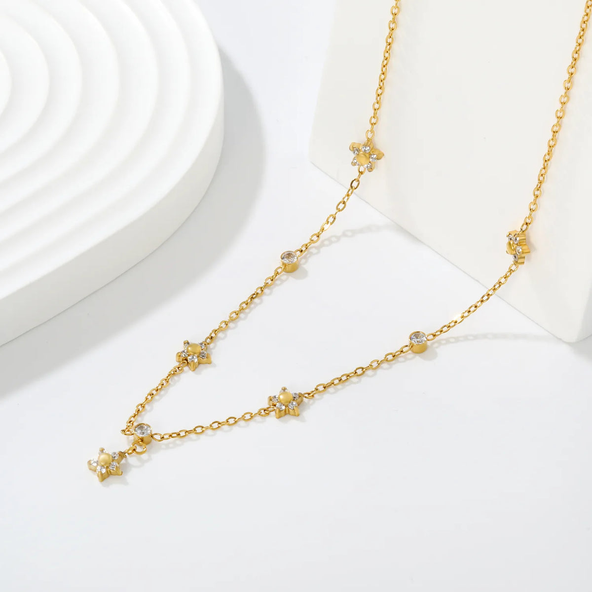 Dainty Star & Round CZ Station Rolo Chain Necklace | 18K Gold Plated | MOQ 12