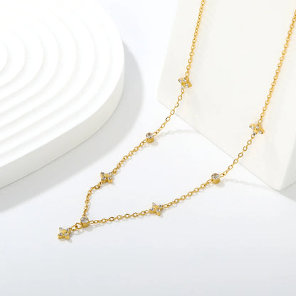 Dainty Four Leaf Clover & Round CZ Station Rolo Chain Necklace Wholesale | 18K Gold Plated | MOQ 12