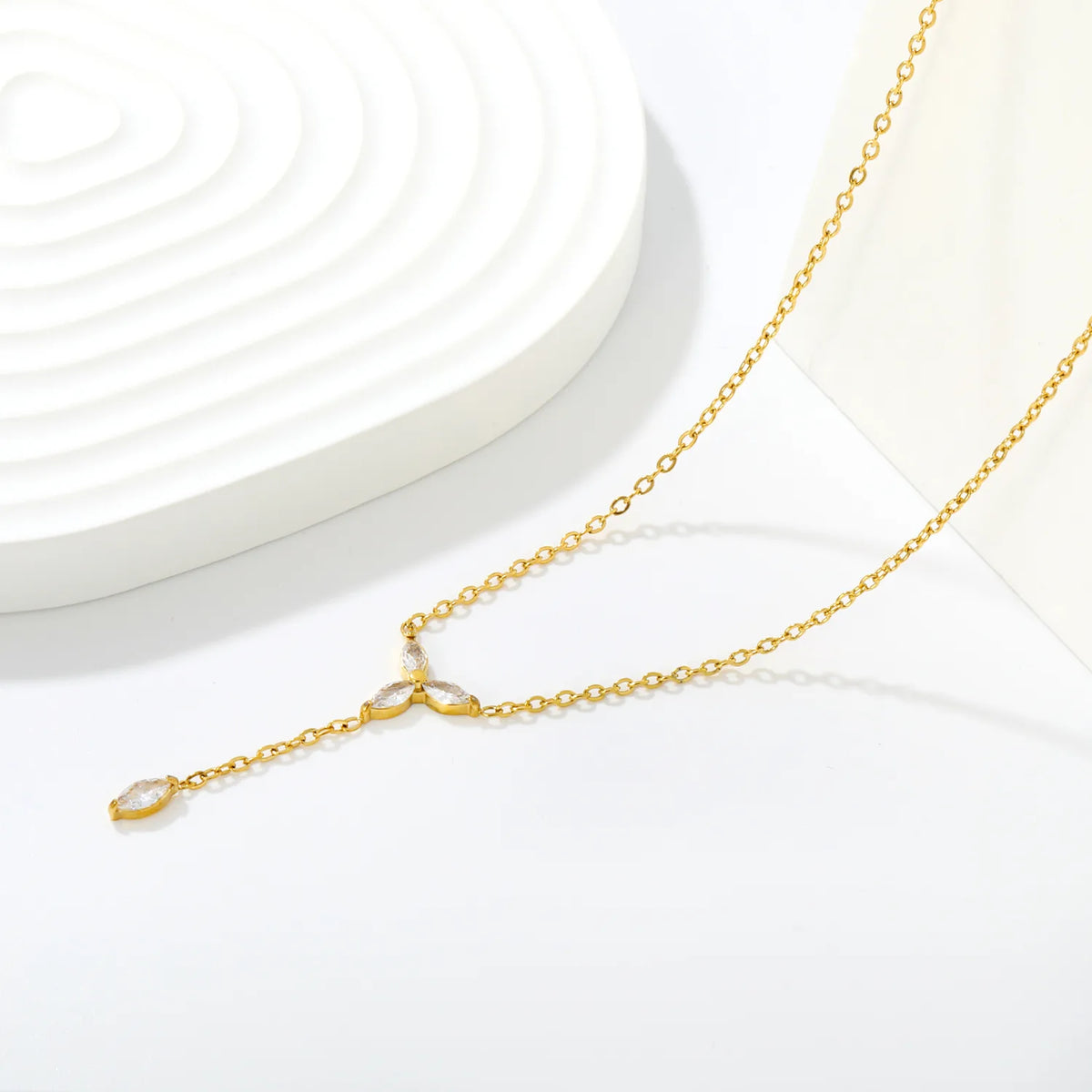 Marquise CZ Floral Y Lariat Rolo Chain Necklace | Wholesale MOQ 12 | 18K Gold Plated