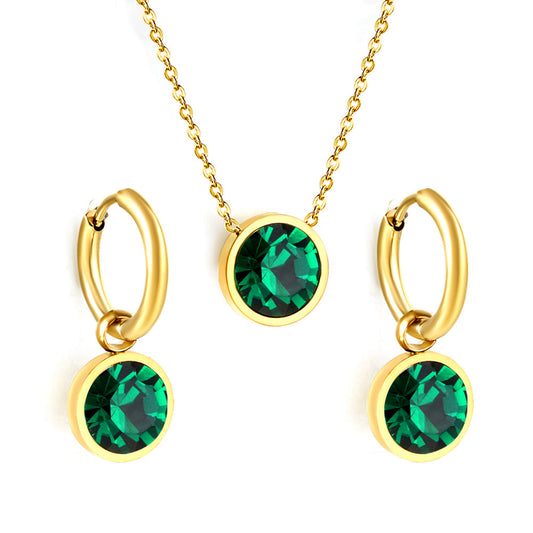 Round with White Pearls & White Diamonds & Purple Diamonds & Blue Diamonds & Green Diamonds Jewelry Set Steel/Golden