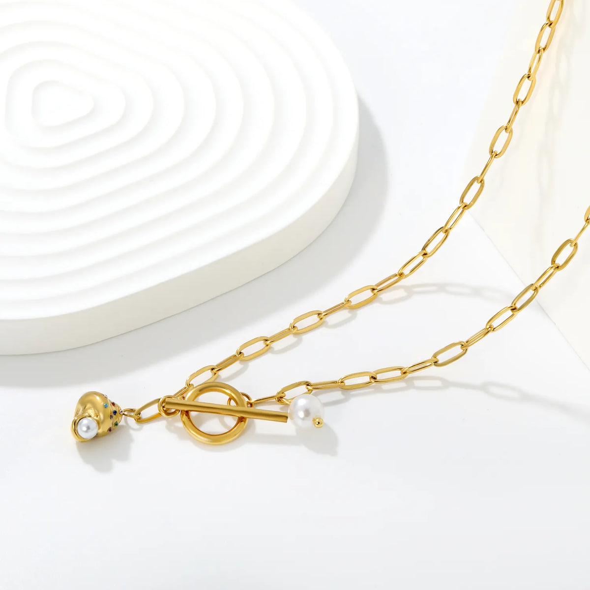 Ice Cream Charm Pearl Paperclip Chain Necklace Wholesale | 18K Gold Plated | Toggle Clasp Design
