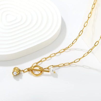 Ice Cream Charm Pearl Paperclip Chain Necklace Wholesale | 18K Gold Plated | Toggle Clasp Design