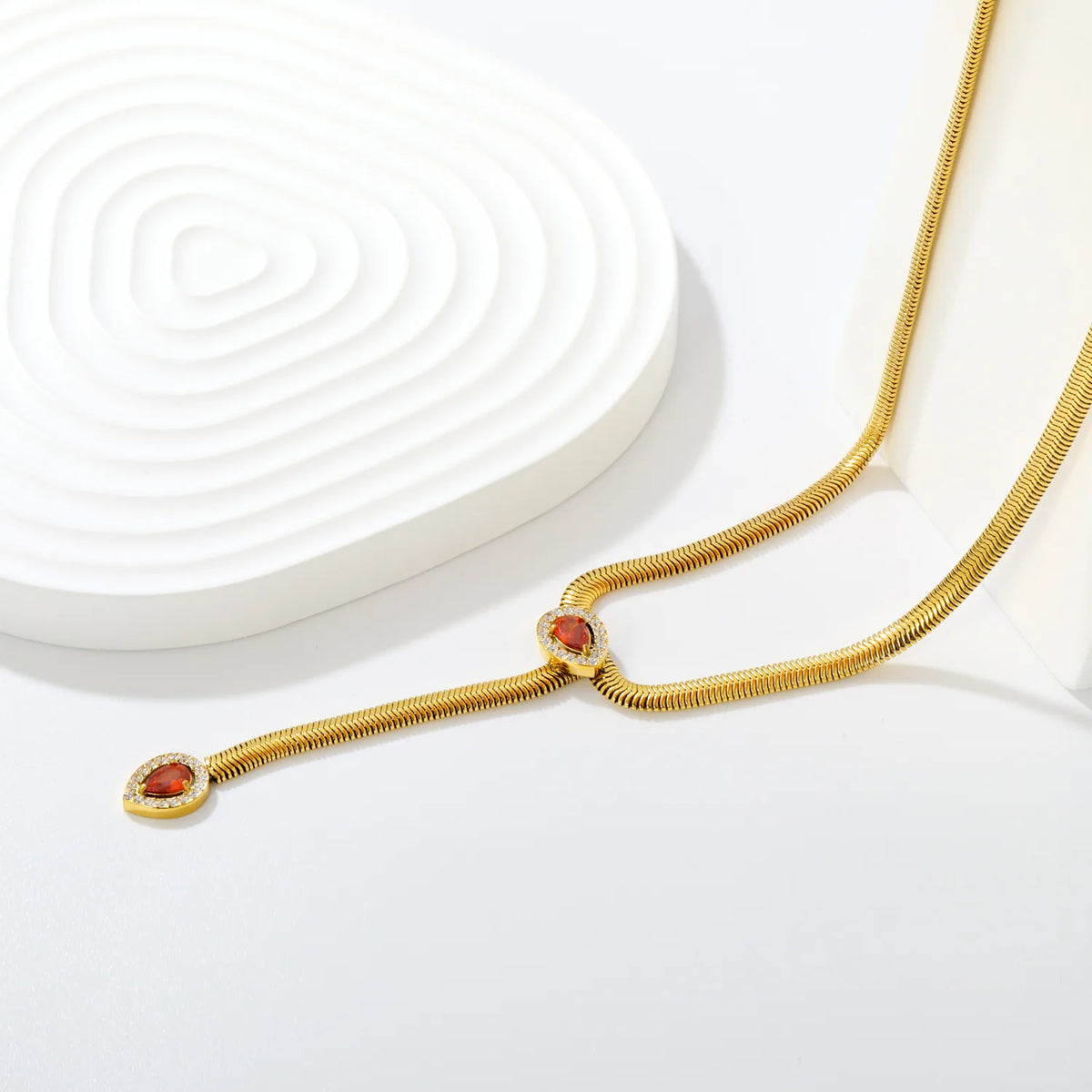 Halo Red Teardrop Crystal Lariat Snake Chain Necklace | Adjustable Y Drop | MOQ 12