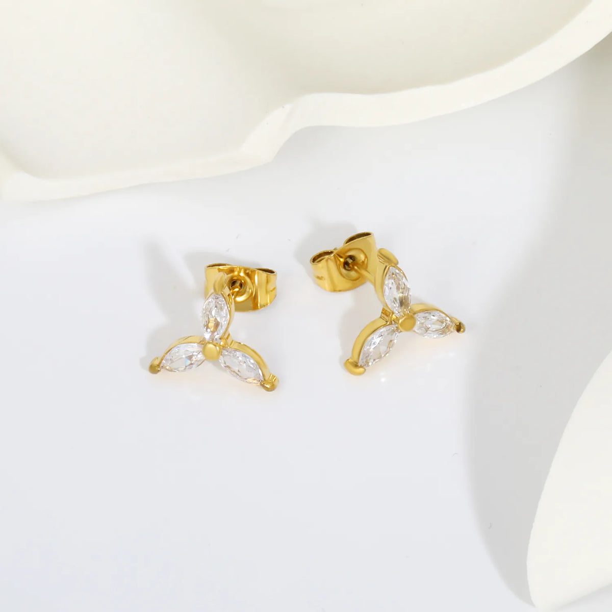 Marquise CZ Three-Petal Flower Stud Earrings | Minimalist Earrings for Wholesale