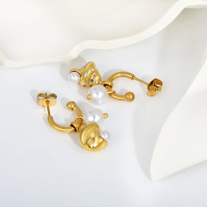 Ice Cream CZ Pearl Drop Hoop Earrings | 18K Gold Plated Stainless Steel Fun Earrings Wholesale