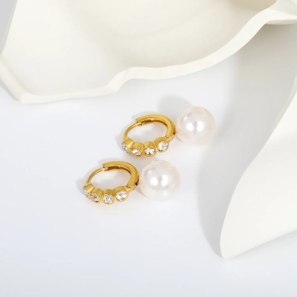 CZ Inlaid Pearl Drop Huggie Hoop Earrings | Gold & Steel Color Option | Wholesale MOQ 12