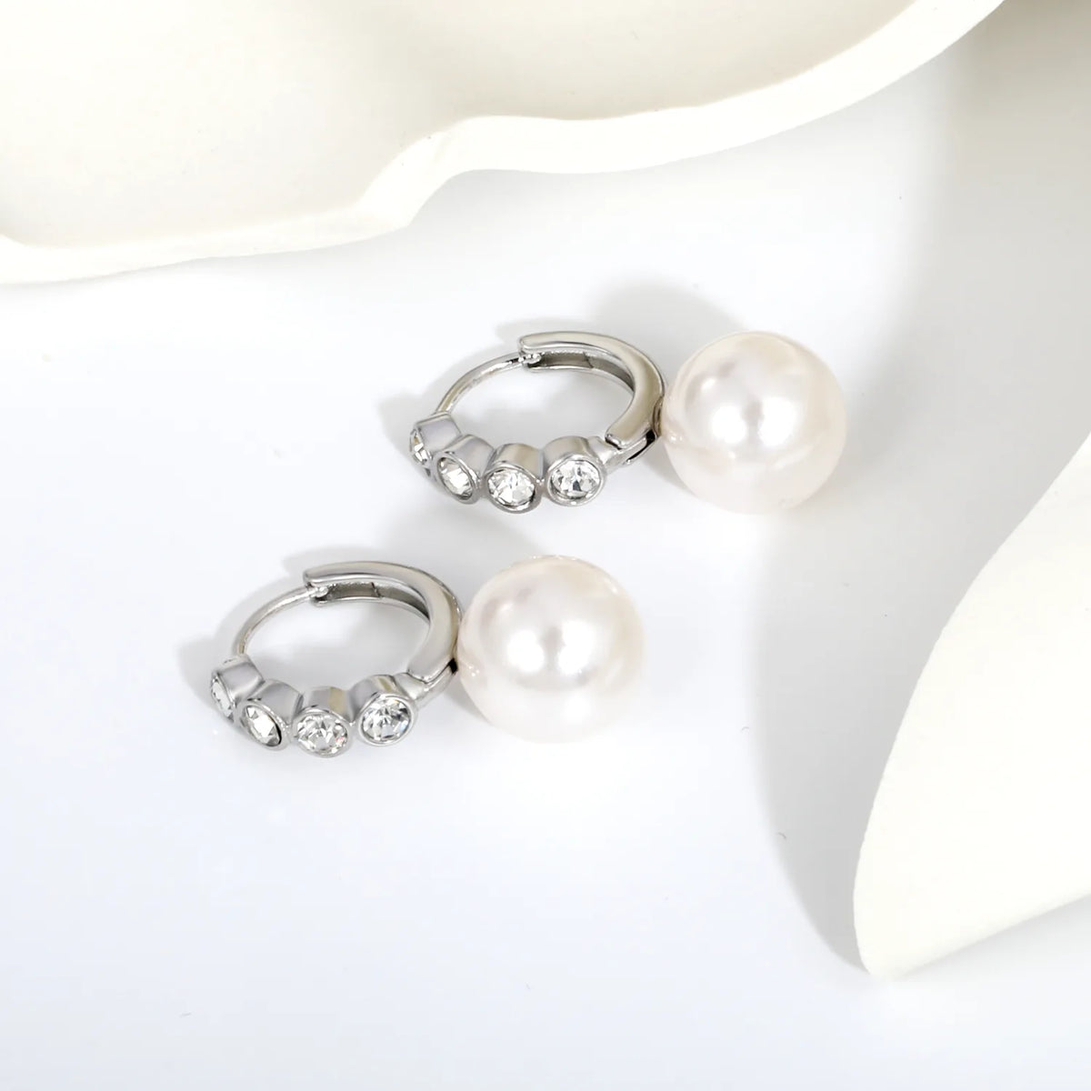 CZ Inlaid Pearl Drop Huggie Hoop Earrings | Gold & Steel Color Option | Wholesale MOQ 12