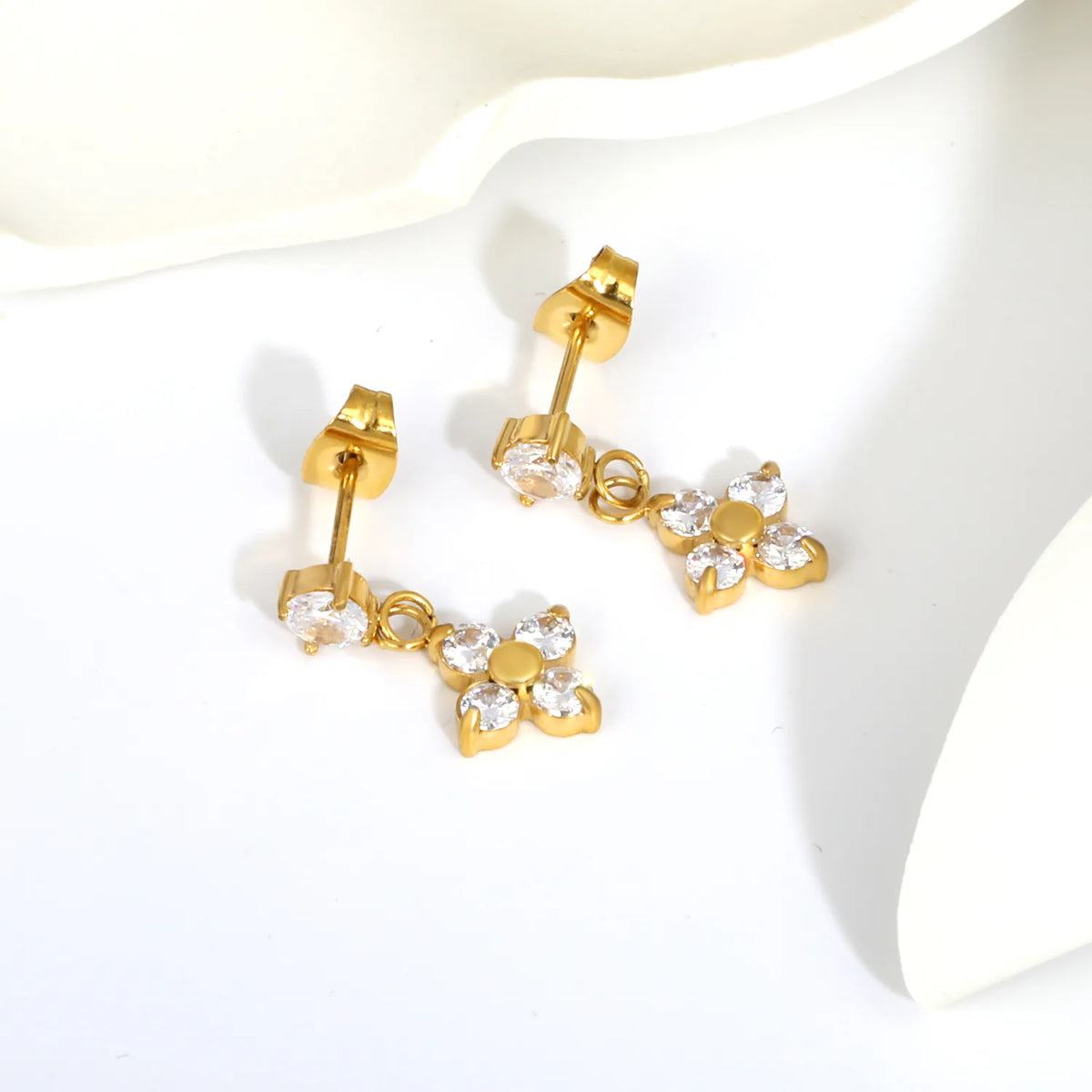 Dainty Round CZ Four Leaf Clover Drop Stud Earrings | 18K Gold Plated Stainless Steel | Wholesale MOQ 12