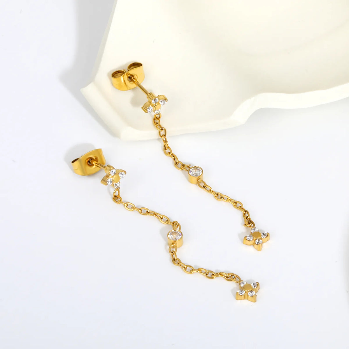 4 Styles Dainty CZ Long Chain Drop Stud Earrings | 18K Gold Plated Stainless Steel | Tassel Earrings Wholesale MOQ 12