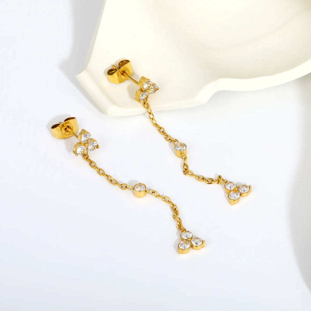 4 Styles Dainty CZ Long Chain Drop Stud Earrings | 18K Gold Plated Stainless Steel | Tassel Earrings Wholesale MOQ 12