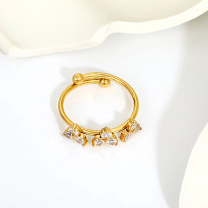 Dainty CZ Three Flower Open Cuff Ring | Wholesale MOQ 12 | 18K Gold Plated Stainless Steel Ring Wholesale
