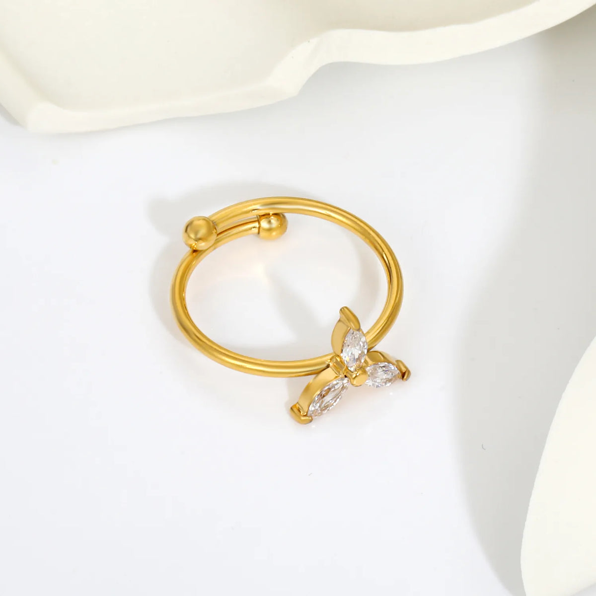 Marquise-Cut CZ Three Petal Open Cuff Ring | 18K Gold Plated Stainless Steel Dainty Ring