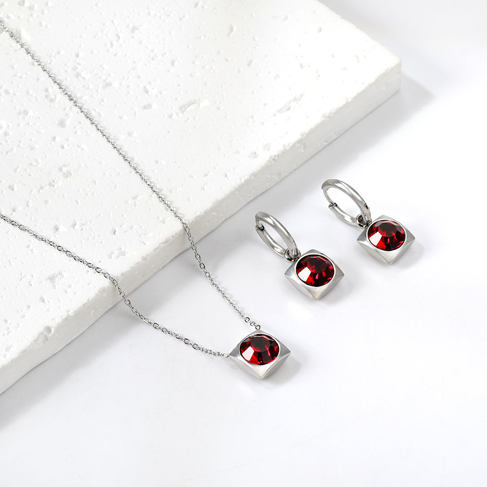 Square with White Pearls & White Diamonds & Red Diamonds & Blue Diamonds & Kong Blue Diamonds Jewelry Set Steel / Gold