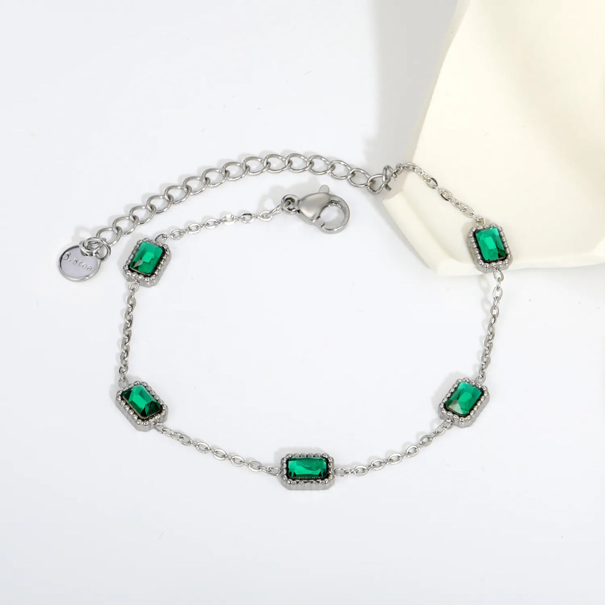 Rectangular Green Zircon Statement Bracelet | Steel Color | Wholesale MOQ 12