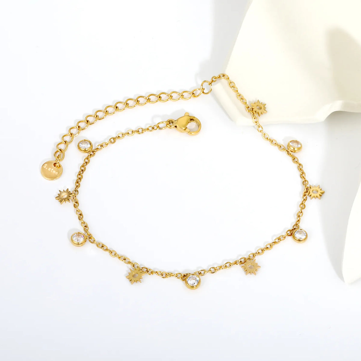 18K Gold Plated Stainless Steel Anklet with CZ Sun Charm | Wholesale MOQ 12