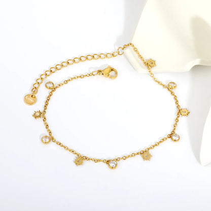 18K Gold Plated Stainless Steel Anklet with CZ Sun Charm | Wholesale MOQ 12