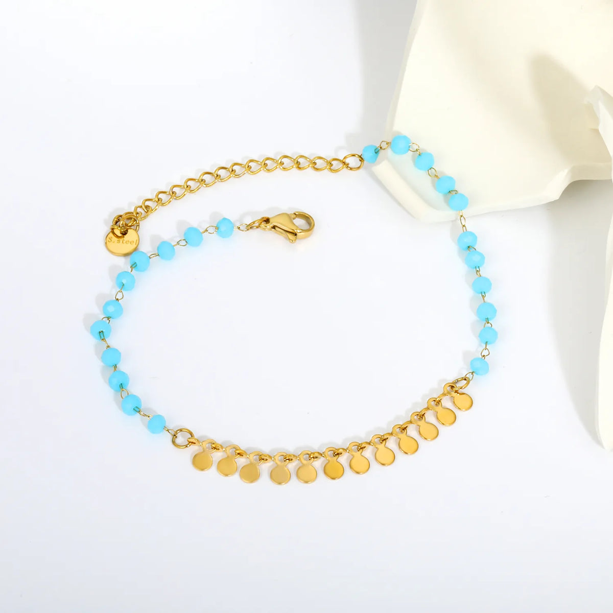 Blue Bead Disc Charm Anklet | Wholelsale MOQ 12 | 18K Gold Plated Stainless Steel Summer Ankle