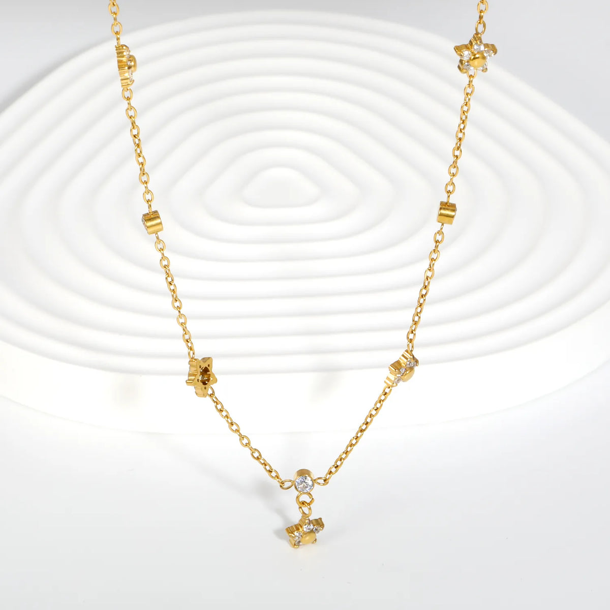 Dainty Star & Round CZ Station Rolo Chain Necklace | 18K Gold Plated | MOQ 12