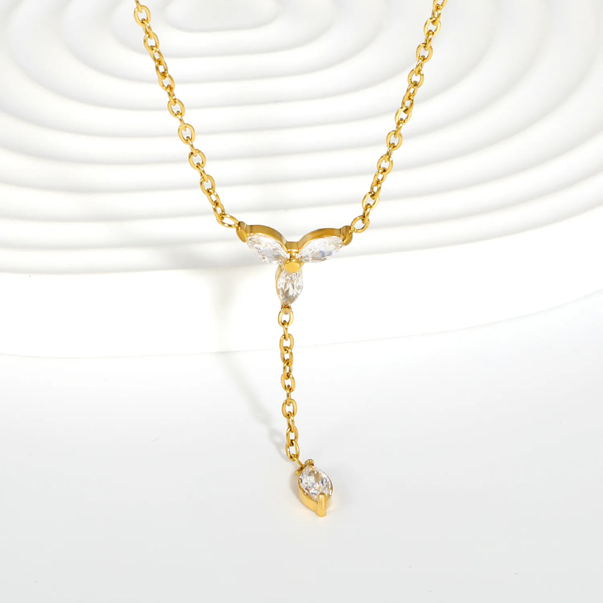 Marquise CZ Floral Y Lariat Rolo Chain Necklace | Wholesale MOQ 12 | 18K Gold Plated