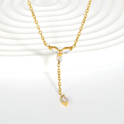 Marquise CZ Floral Y Lariat Rolo Chain Necklace | Wholesale MOQ 12 | 18K Gold Plated